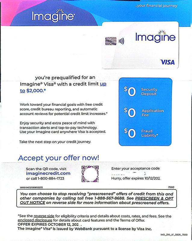 Image of an ImagineCredit.com prequalified mail offer for the Imagine Visa